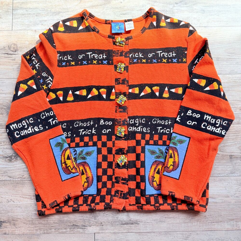 Vintage Halloween Sweater Cardigan Medium Pumpkin Candy Corn Trick or Treat 90s - Picture 3 of 12